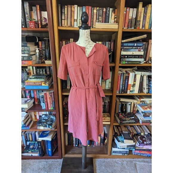 Lafayette 148 new York silk shirt dress sz small euc salmon pink belted - Picture 2 of 7